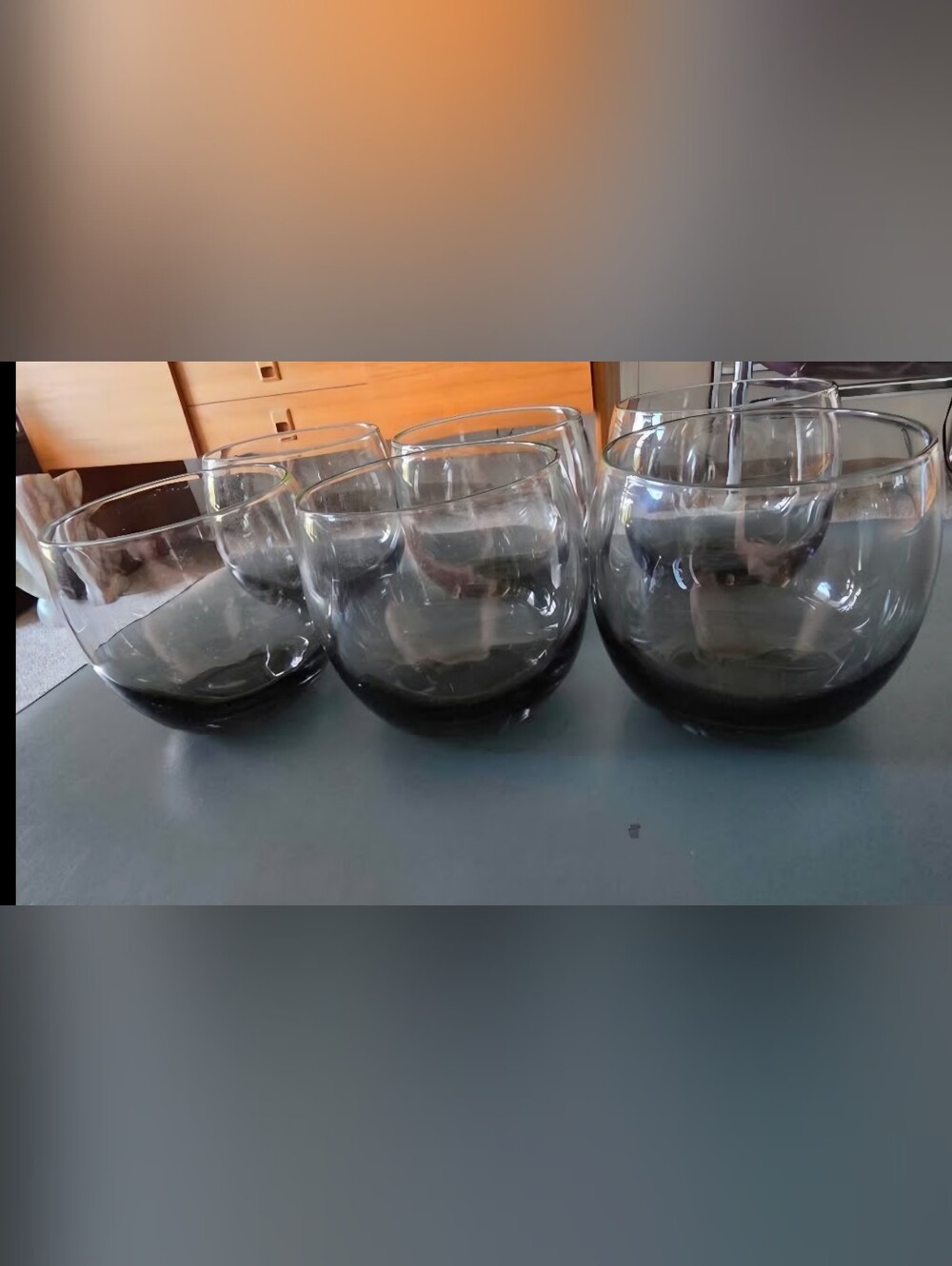 Vintage mid-century modern smoke gray roly-poly glassware tumblers.